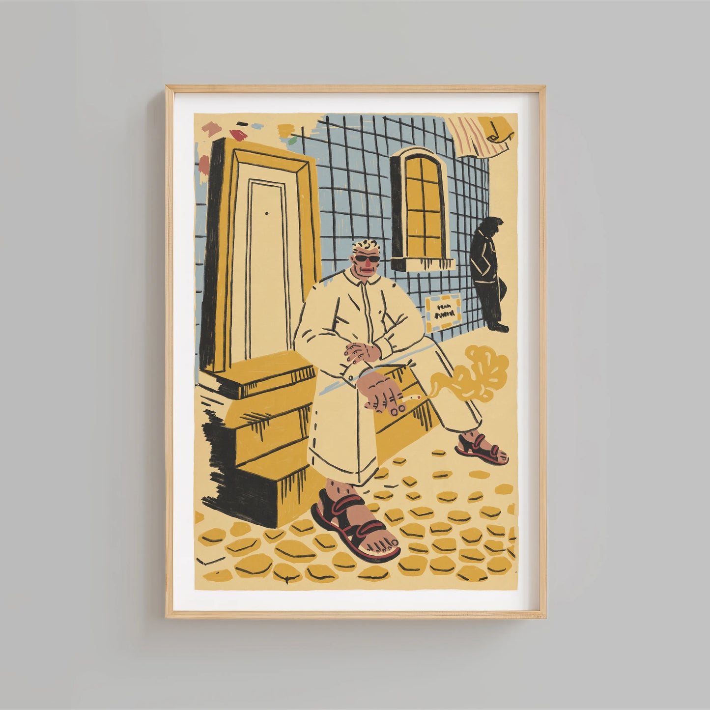 Blue and Yellow artwork of a local Lisbon man sitting on the steps and smoking. Art by New York City-based artist Max Kolo.