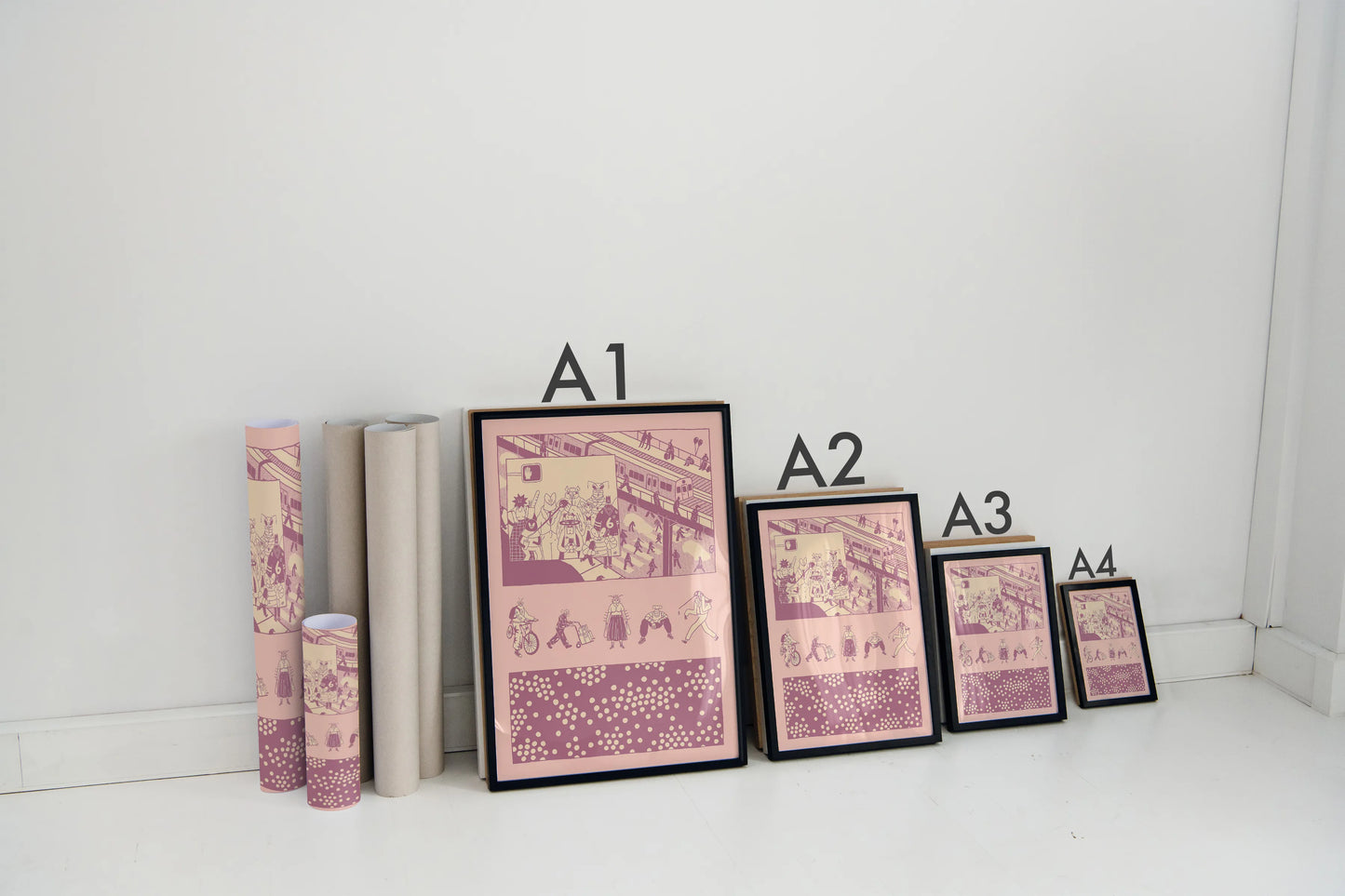 Set of framed prints on a white surface with labeled sizes. Artwork by New York City Artist Max Kolo.