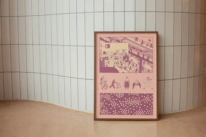 Framed pink poster of bugs living as humans in NYC with illustrations on a tiled wall. Artwork by New York City Artist Max Kolo.