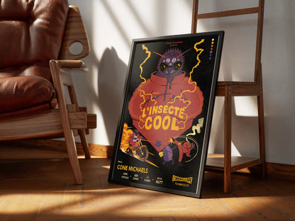 Framed ‘L’insecte Cool’ French bug-noir poster by NYC artist Max Kolo resting on a sunlit wooden floor beside mid-century chairs, featuring a bold retro insect character illustration.