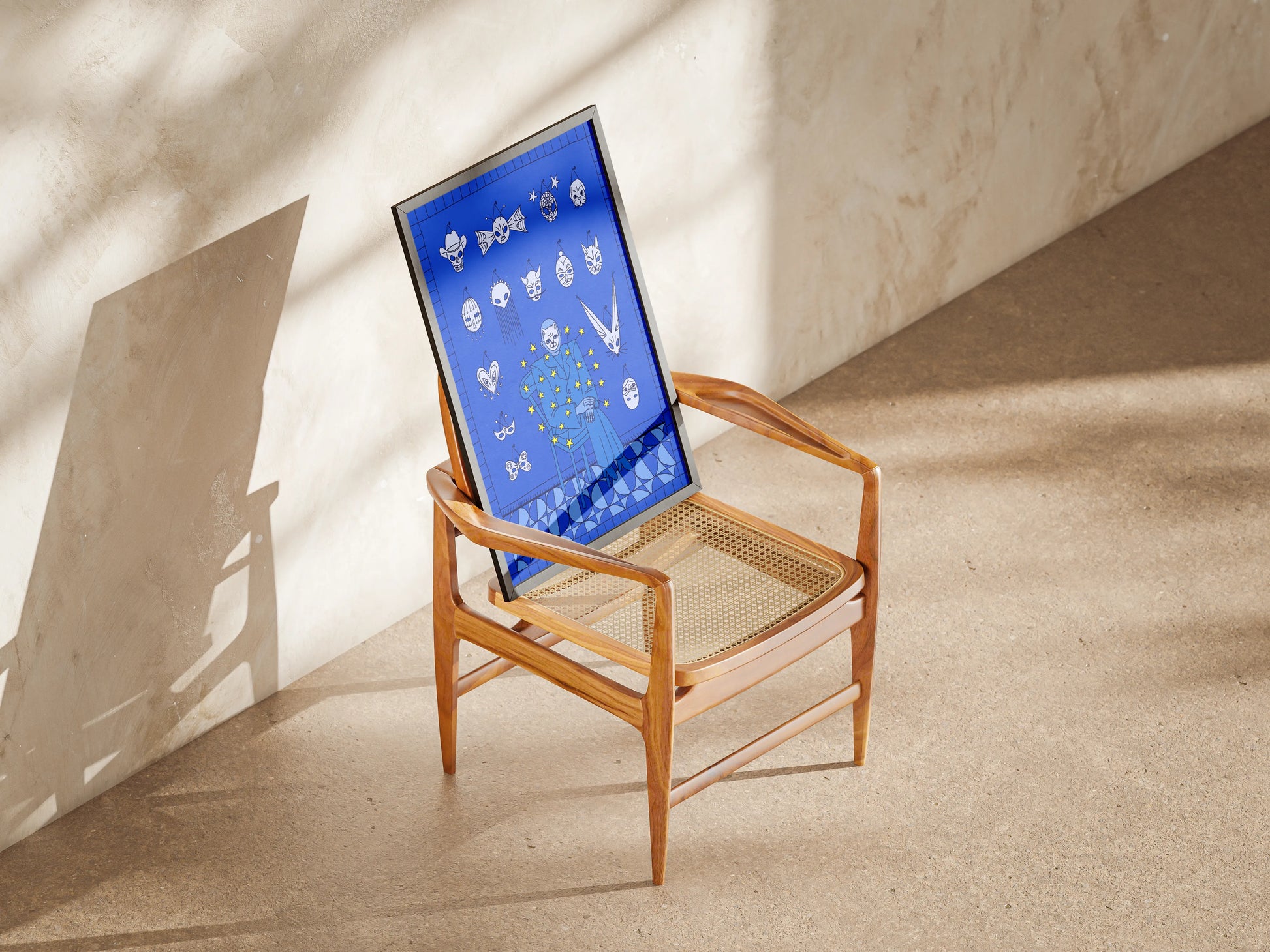 Wooden chair with a framed blue artwork with white masks as decoration, on a beige floor and wall. Artwork by New York City artist Max Kolo.
