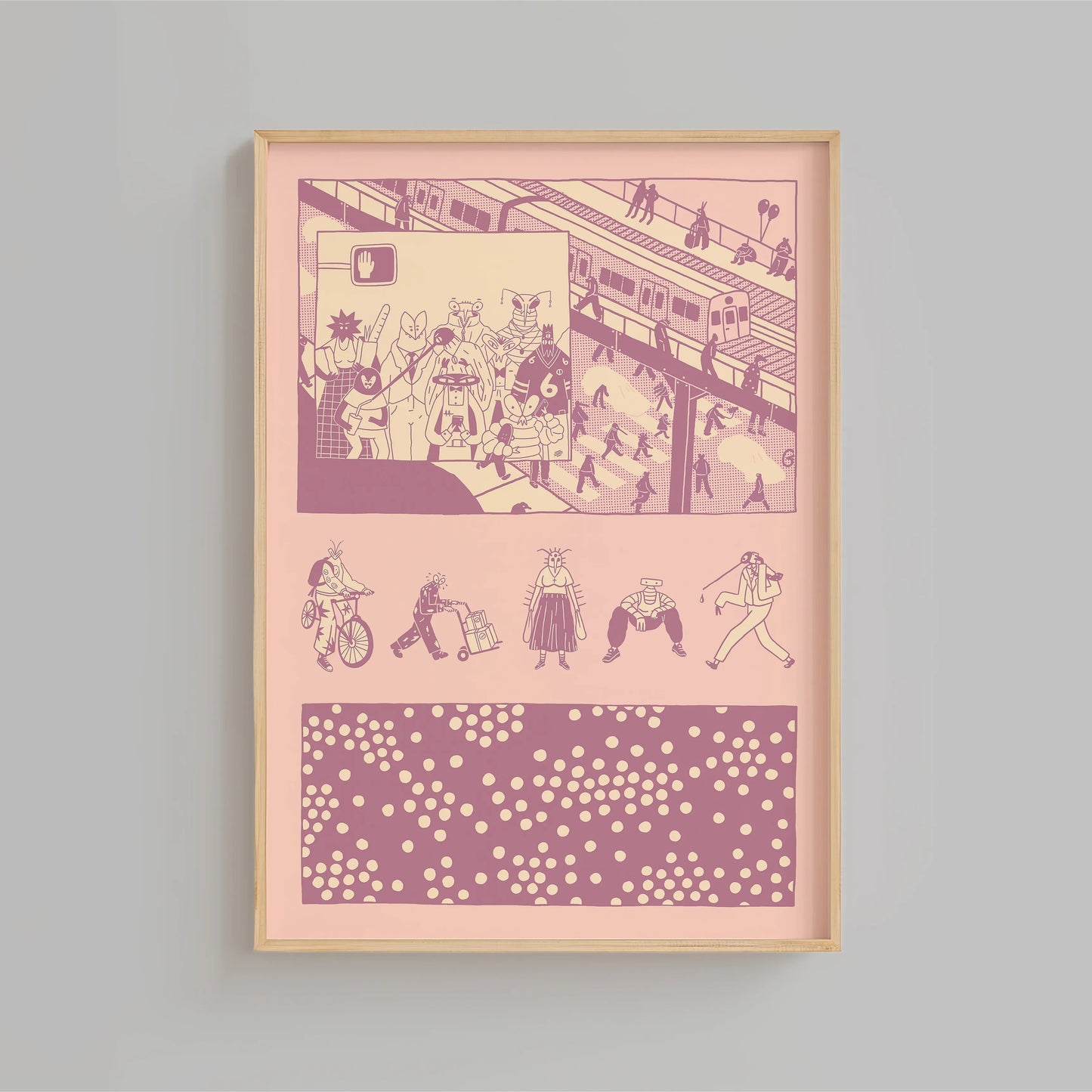 Framed artwork with illustrated bug characters living their best NYC life on a pink background and patterns on a gray wall. Artwork by New York City Artist Max Kolo.
