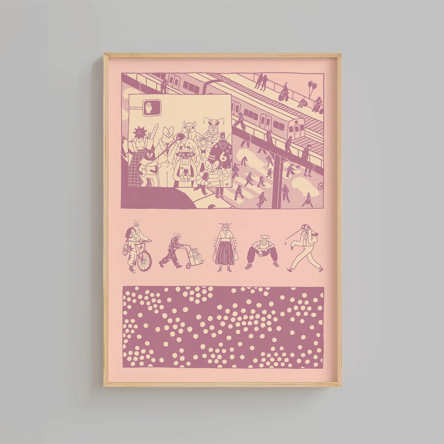 Framed artwork with illustrated bug characters living their best NYC life on a pink background and patterns on a gray wall. Artwork by New York City Artist Max Kolo.