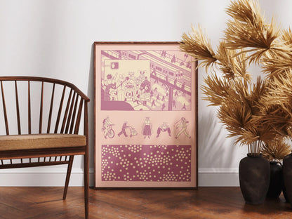 Framed ‘Bug Vision’ city illustration poster by NYC artist Max Kolo displayed on a hardwood floor beside a wooden chair and tall golden dried plants, featuring stylized insect characters commuting through a bustling urban scene in pink and purple graphic panels.
