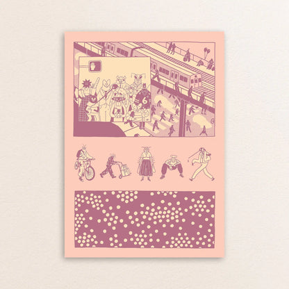 Stylized city illustration poster by NYC artist Max Kolo featuring anthropomorphic insect characters commuting through a busy urban scene, drawn in pink and purple graphic panels.