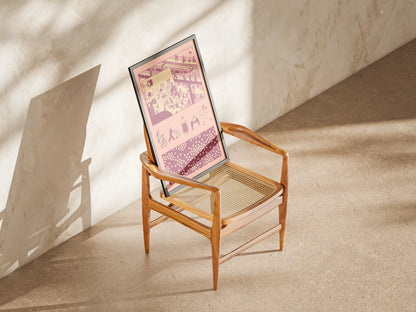 Wooden chair with a framed artwork of Bug Vision on a beige floor. Artwork by New York City Artist Max Kolo.
