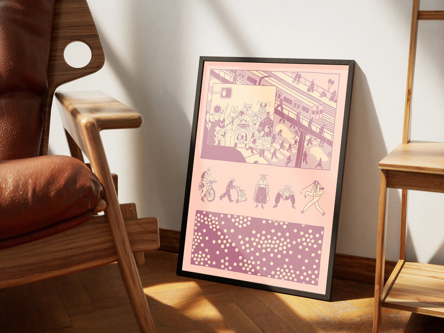 Framed artwork with pink and purple design on a wall next to a brown leather chair. Artwork by New York City Artist Max Kolo.