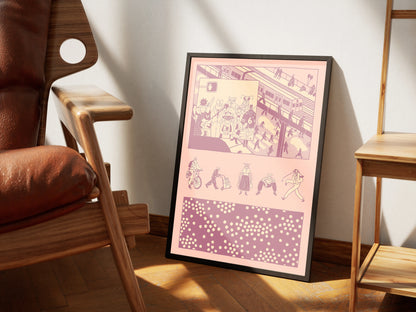 Framed artwork with pink and purple design on a wall next to a brown leather chair. Artwork by New York City Artist Max Kolo.
