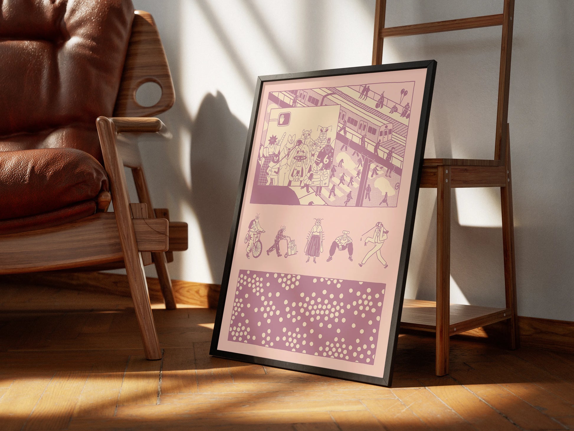 Framed artwork of Bug Vision on a wooden floor with a chair and shelf in the background. Artwork by New York City Artist Max Kolo.