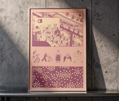 Framed ‘Bug Vision’ city illustration poster by NYC artist Max Kolo displayed against a textured concrete wall, featuring stylized insect characters navigating a busy subway platform and urban scene in bold pink and purple graphic panels.