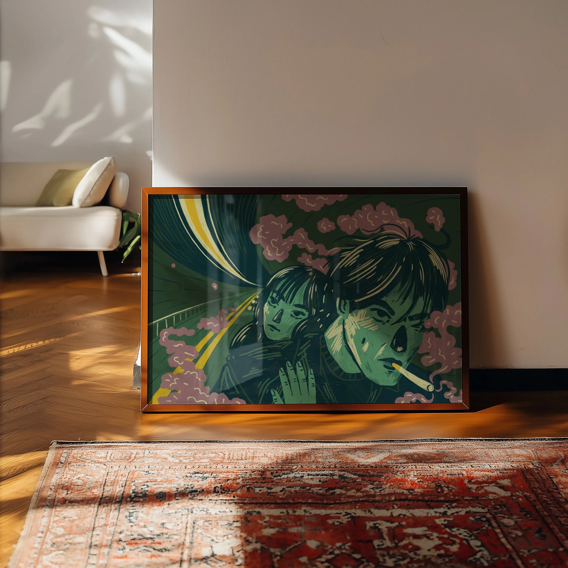 Framed artwork of two people embracing on a wall in a room with a couch and rug. Framed artwork by New York City (NYC) based artist Max Kolo of an illustration inspired by Wong Kar-wai’s iconic film "Fallen Angels"