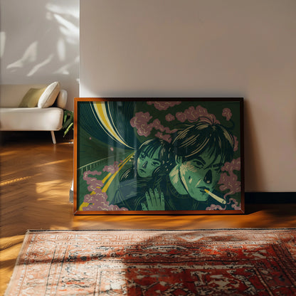 Framed artwork of two people embracing on a wall in a room with a couch and rug. Framed artwork by New York City (NYC) based artist Max Kolo of an illustration inspired by Wong Kar-wai’s iconic film "Fallen Angels"