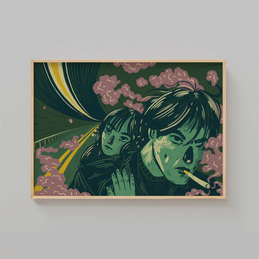 Framed artwork by New York City (NYC) based artist Max Kolo of an illustration inspired by Wong Kar-wai’s iconic film "Fallen Angels"
