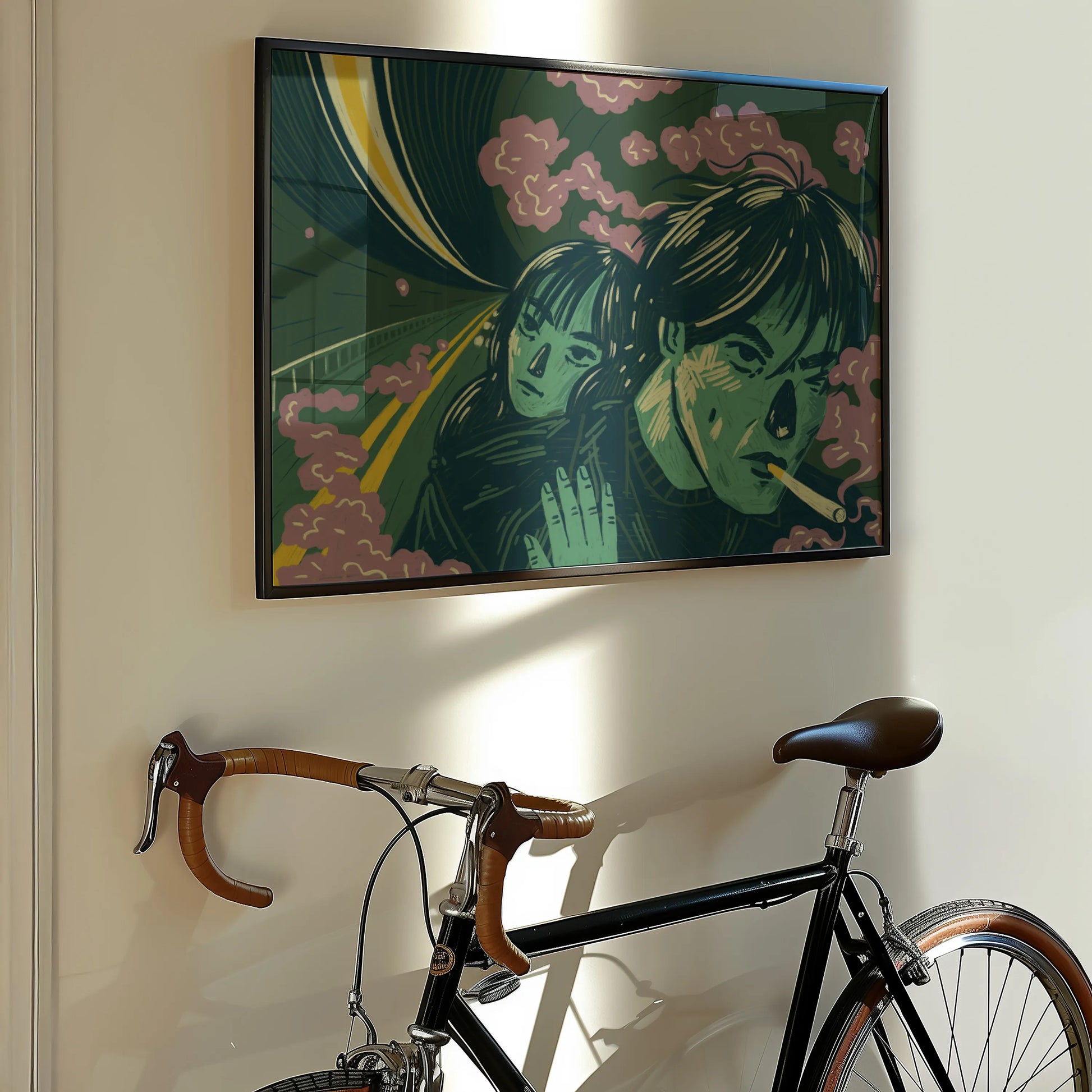 Framed artwork of two people embracing with a bicycle in the foreground. Framed artwork by New York City (NYC) based artist Max Kolo of an illustration inspired by Wong Kar-wai’s iconic film "Fallen Angels"