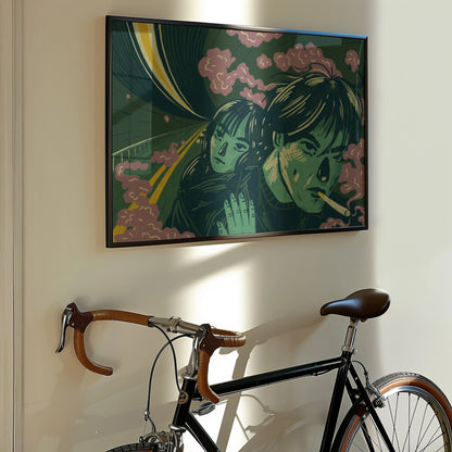 Framed artwork of two people embracing with a bicycle in the foreground. Framed artwork by New York City (NYC) based artist Max Kolo of an illustration inspired by Wong Kar-wai’s iconic film "Fallen Angels"