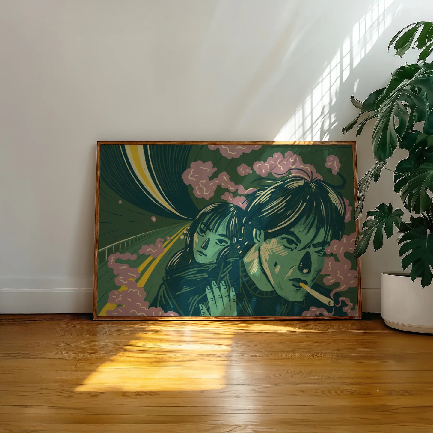 Framed artwork by New York City (NYC) based artist Max Kolo of an illustration inspired by Wong Kar-wai’s iconic film "Fallen Angels"