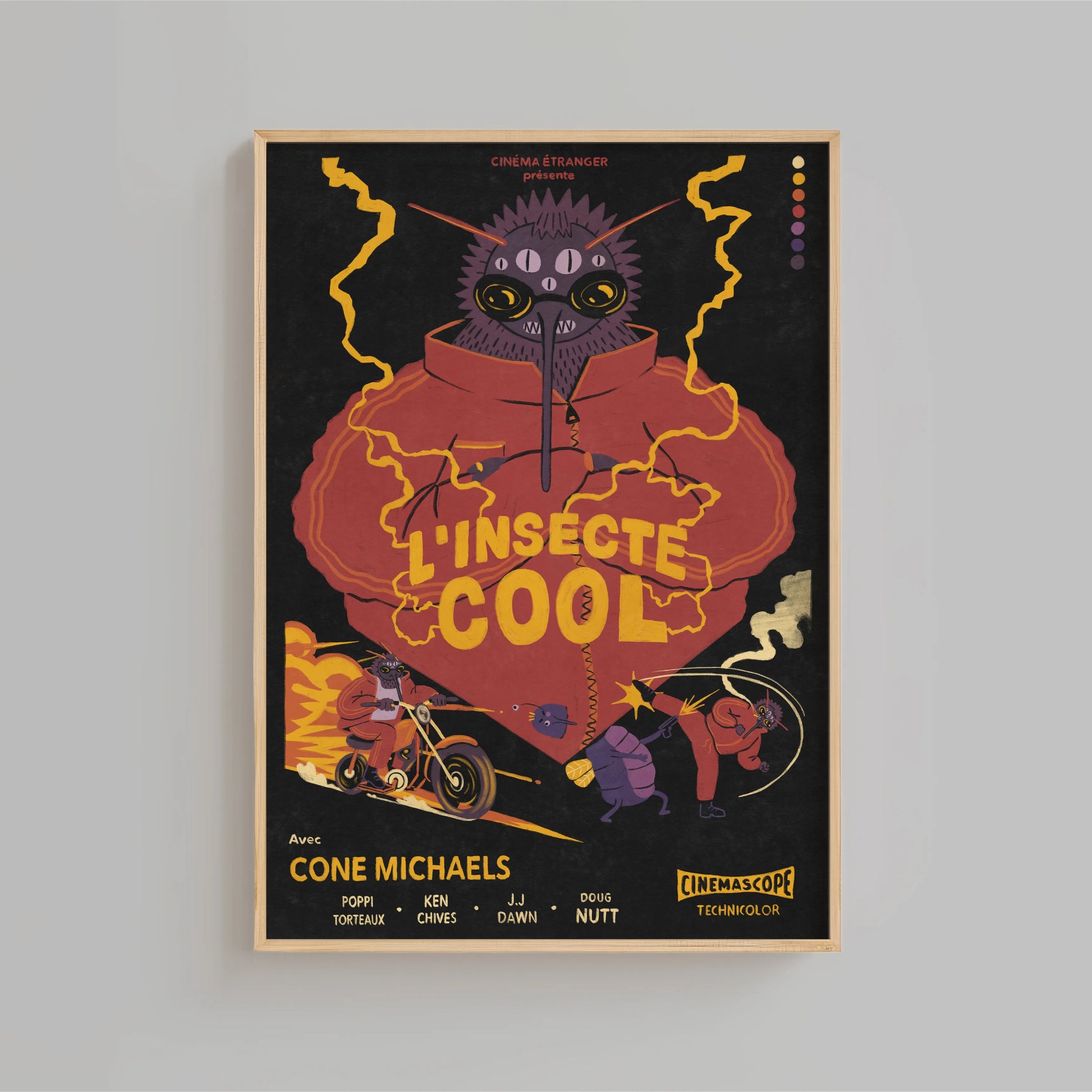 Poster for a bug-noir French movie that doesn't exist, with a stylized character and text on a black background. Art by New York artist and cinematographer Max Kolo