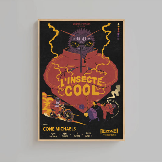 Poster for a bug-noir French movie that doesn't exist, with a stylized character and text on a black background. Art by New York artist and cinematographer Max Kolo