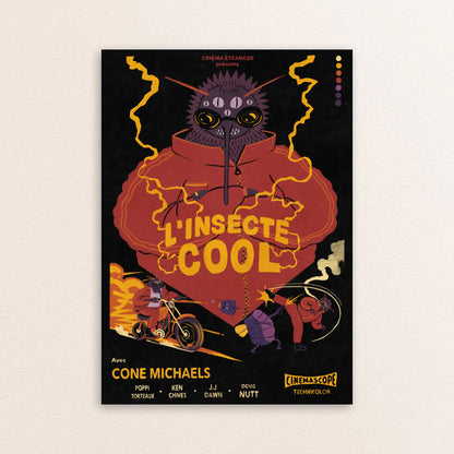 L’insecte Cool illustrated bug-noir poster by Max Kolo featuring a stylized insect character in a red hoodie with electric yellow accents on a black background.
