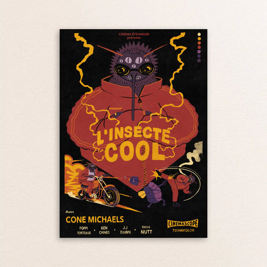 L’insecte Cool illustrated bug-noir poster by Max Kolo featuring a stylized insect character in a red hoodie with electric yellow accents on a black background.