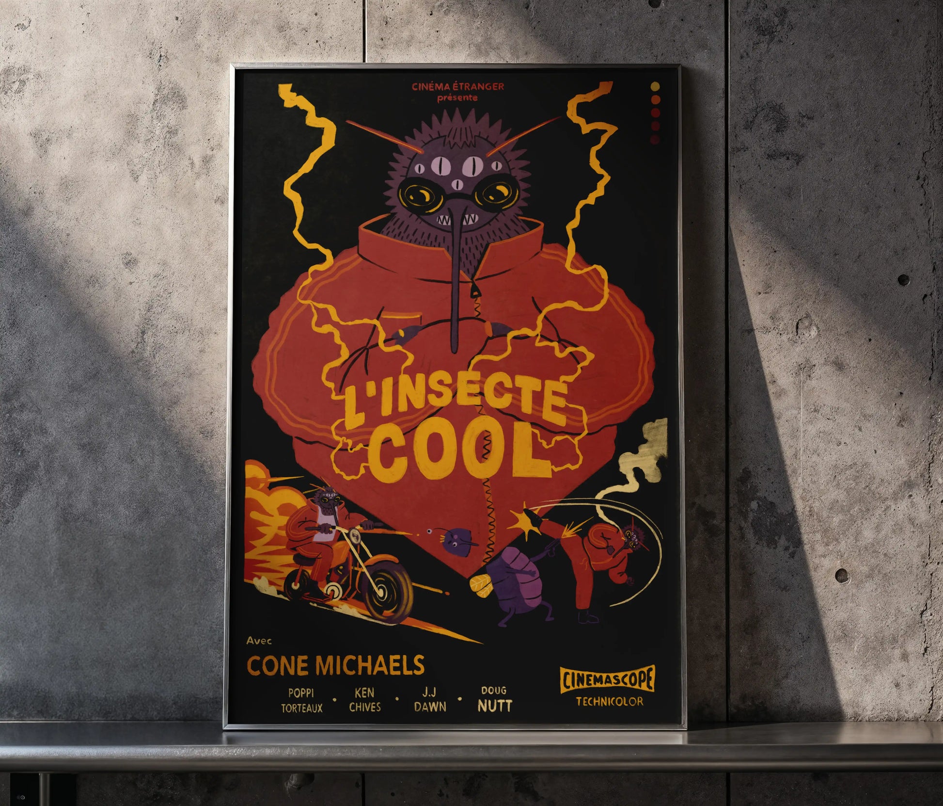 Framed ‘L’insecte Cool’ French bug-noir poster by NYC artist Max Kolo displayed against a textured concrete wall, featuring a bold retro insect character illustration in vibrant red and yellow.