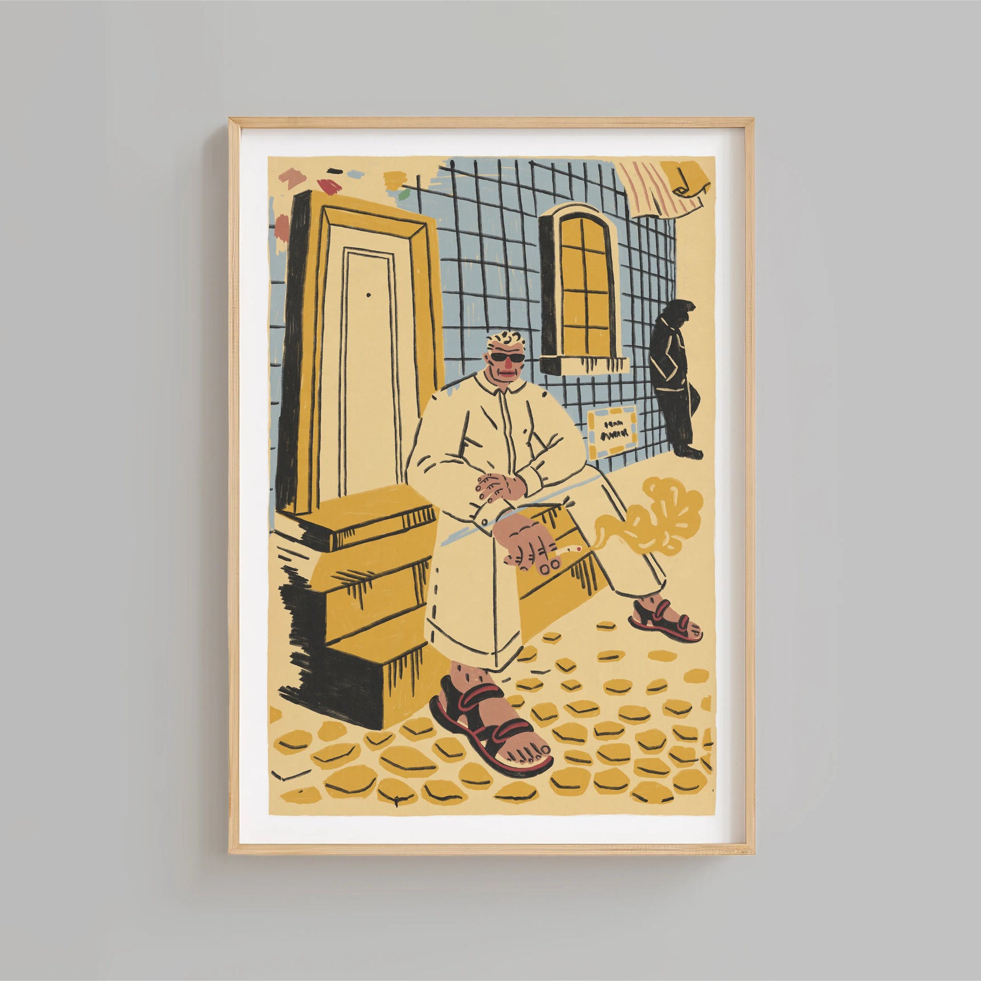 Blue and Yellow artwork of a local Lisbon man sitting on the steps and smoking. Art by New York City-based artist Max Kolo. 