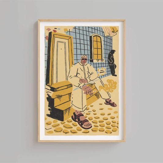 Blue and Yellow artwork of a local Lisbon man sitting on the steps and smoking. Art by New York City-based artist Max Kolo. 