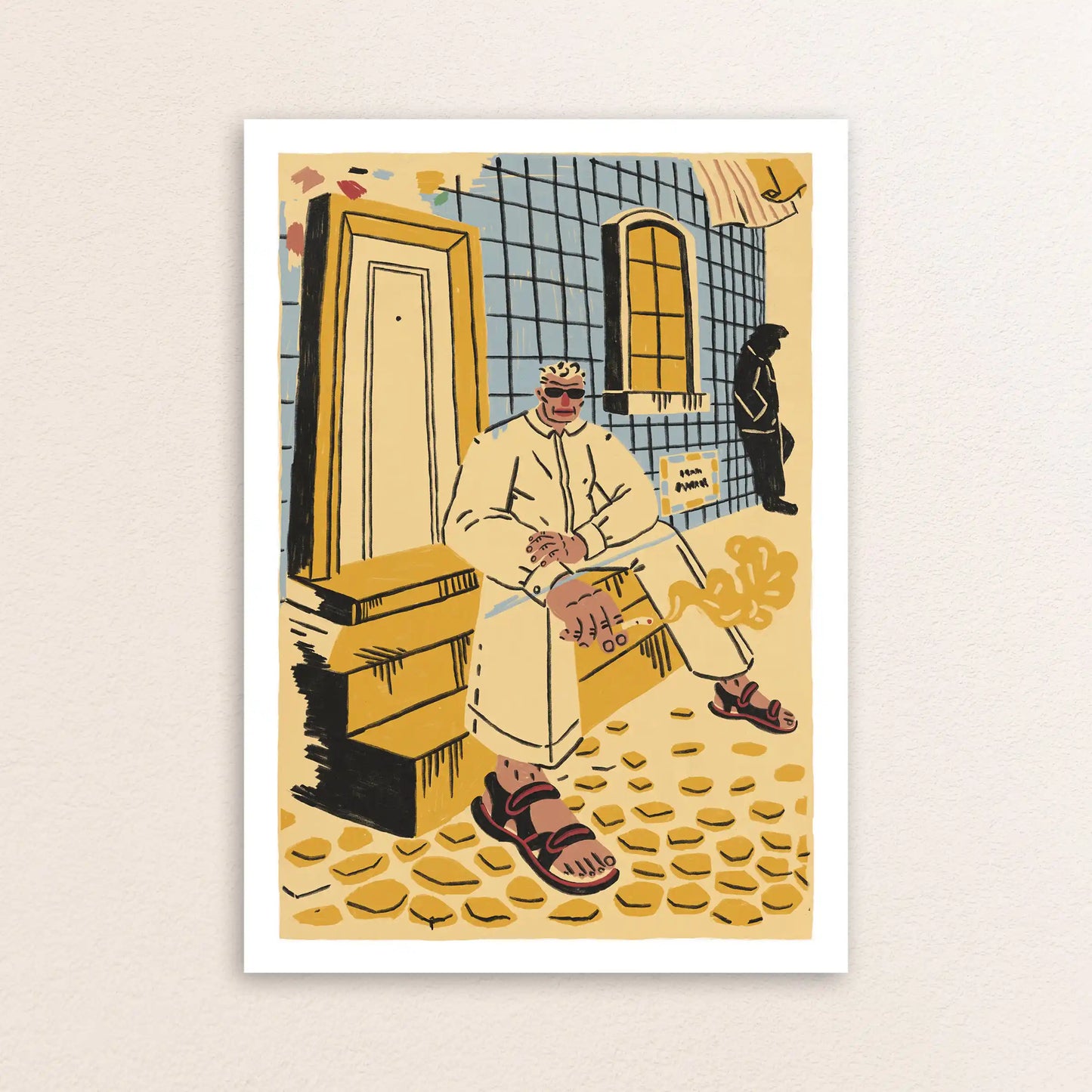 Illustrated Lisbon art print by NYC artist Max Kolo featuring a local man sitting on sunlit stone steps in front of tiled buildings, drawn in warm yellow and blue tones.