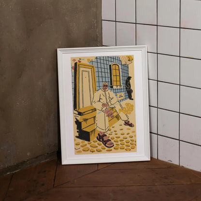 Framed ‘Lisbon’ city illustration poster by NYC artist Max Kolo leaning against a concrete and white tiled wall, featuring a stylized Lisbon man sitting on sunlit tiled steps in warm yellow and blue tones.