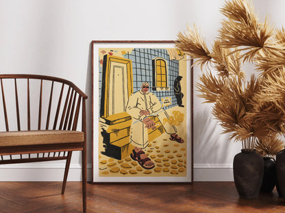 Framed ‘Lisbon’ city illustration poster by NYC artist Max Kolo resting on a wooden floor beside a mid-century chair and large dried botanical arrangement, featuring a stylized Lisbon man sitting on sunlit tiled steps.