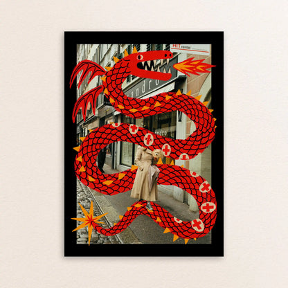 Lucerne street scene with a woman, her dog, and a large illustrated red dragon. By  NYC Artist Max Kolo.