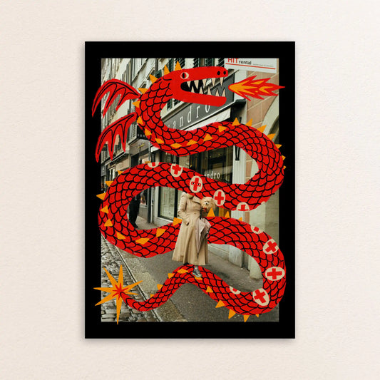 Lucerne street scene with a woman, her dog, and a large illustrated red dragon. By  NYC Artist Max Kolo.