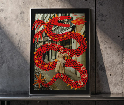 Framed artwork of a Lucerne street scene with a woman, her dog, and a large illustrated red dragon. By  NYC Artist Max Kolo leaning on a concrete wall.