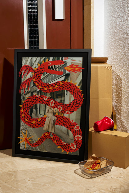 Framed artwork of a red dragon, a stranger and her dog with a building in the background in Lucerne. Artwork by New York City artist Max Kolo.