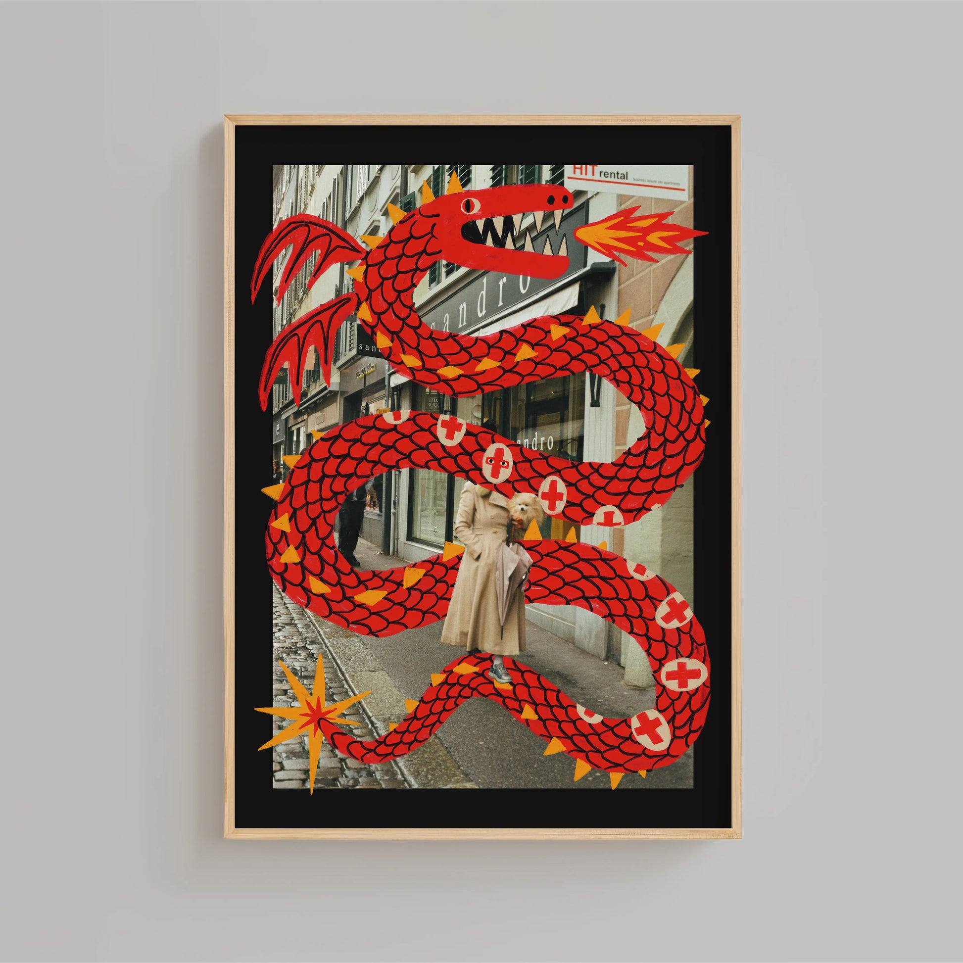 Framed artwork of a stranger, her dog, and a red snake design on a city street background - in Lucerne. Artwork by New York City artist Max Kolo.
