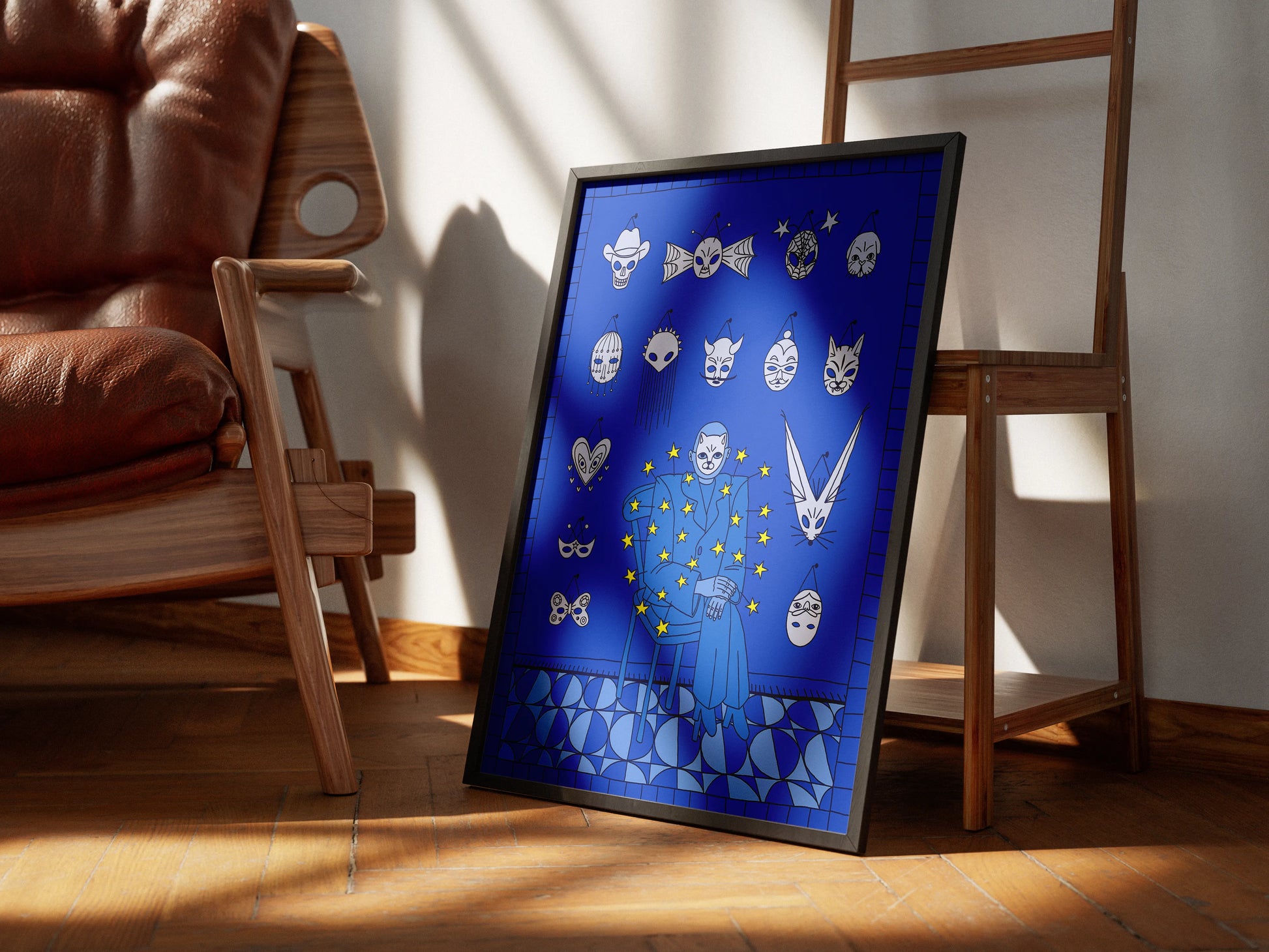 Framed artwork with blue and white design on a wooden floor. Artwork by New York City artist Max Kolo.
