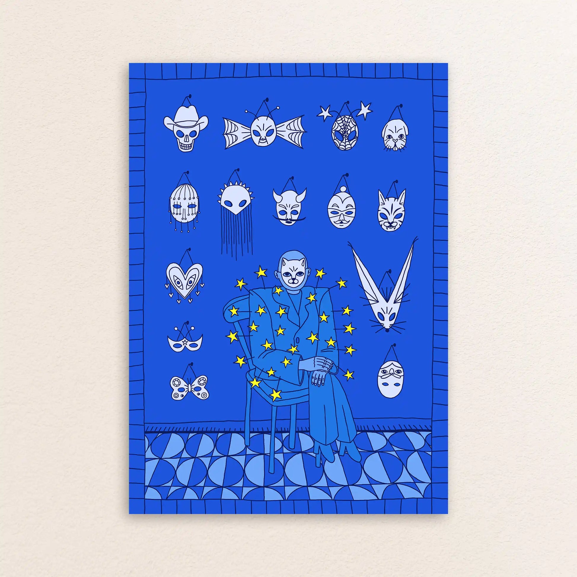 Mask Salesman art print by NYC artist Max Kolo featuring a surreal blue scene with a seated figure surrounded by multiple expressive masks and symbolic characters.
