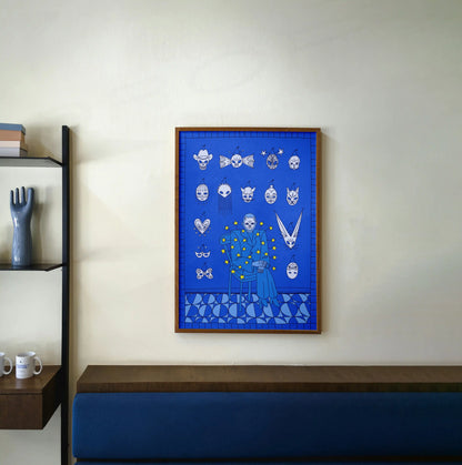 Framed Mask Salesman art print by Max Kolo hanging on a light wall above a wooden bench, showcasing a surreal blue design with expressive white masks.