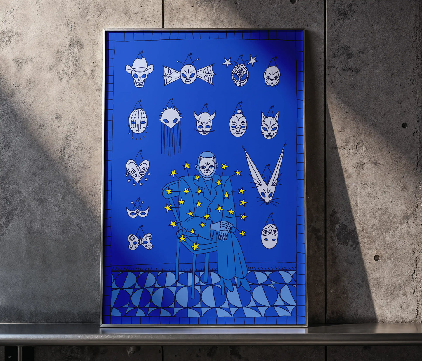 Framed Mask Salesman art print by NYC artist Max Kolo displayed against a textured concrete wall, featuring a surreal blue illustration with multiple expressive white masks.