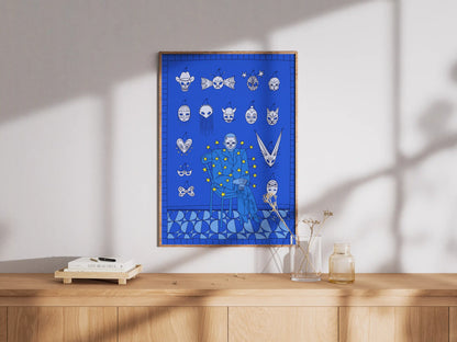 Framed Mask Salesman art print by Max Kolo hanging on a white wall above a wooden credenza, featuring a surreal blue design with expressive white masks.