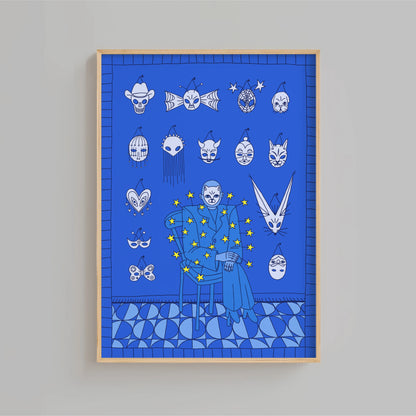 Framed artwork with a blue background and various decorative elements, mostly masks, on a gray wall. Artwork by New York City artist Max Kolo.