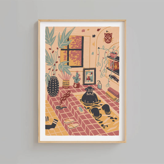 Framed illustration of a room with plants and a dog taking a both ass he smokes and takes some alone time on a tiled floor. Illustrated by New York City artist Max Kolo. 