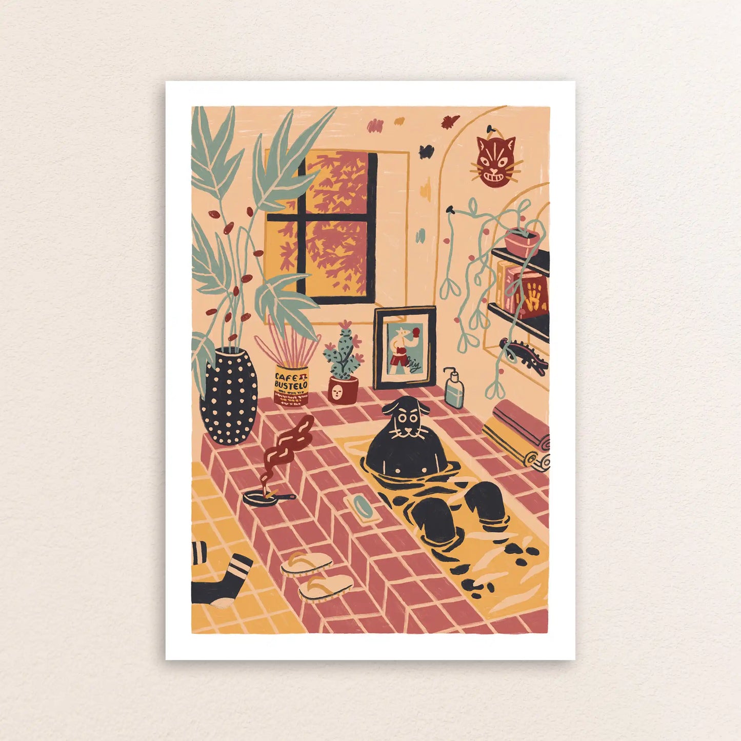 Illustration by Max Kolo of a cozy room with a dog relaxing in a warm tiled bath area, surrounded by plants, artwork, and soft pastel decor.