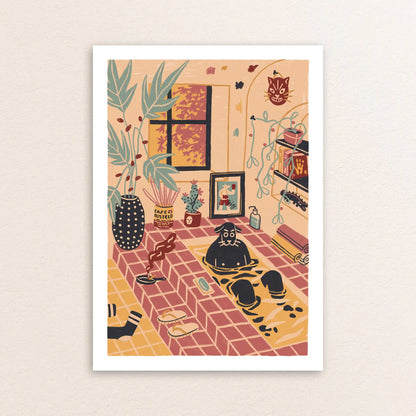 Illustration by Max Kolo of a cozy room with a dog relaxing in a warm tiled bath area, surrounded by plants, artwork, and soft pastel decor.