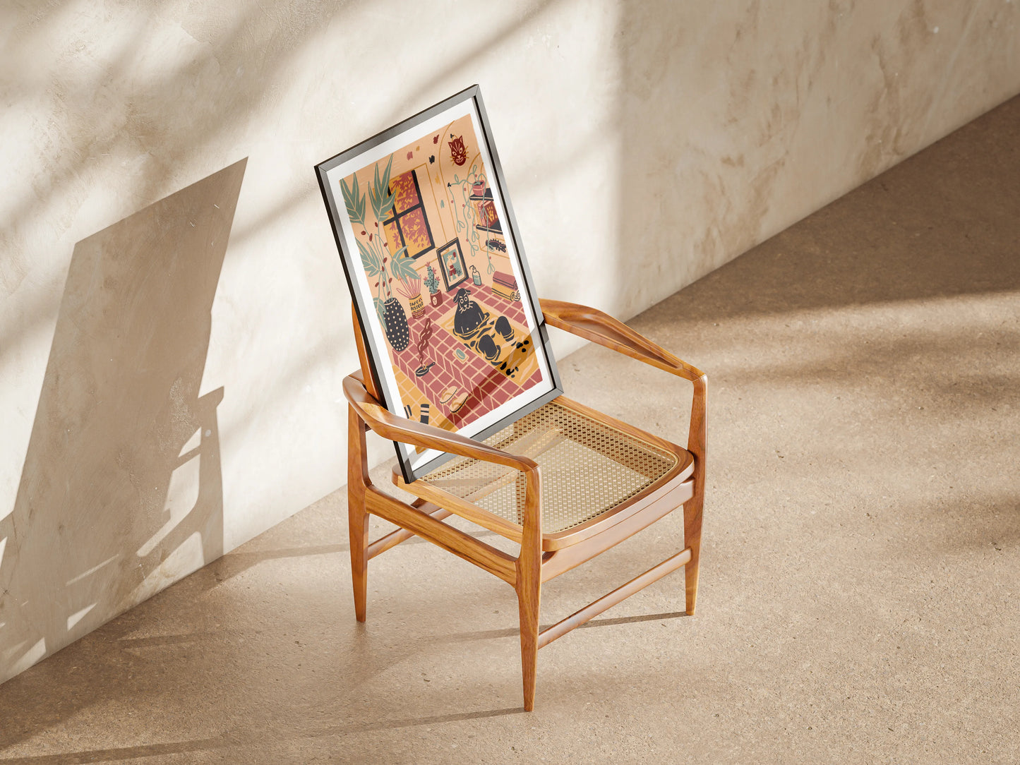 Framed artwork of a dog taking some alone time by taking a bath in a tiled room filled with plants, leaning against a wooden chair with a neutral background. Illustrated by New York City artist Max Kolo. 