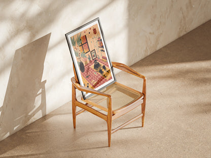 Framed artwork of a dog taking some alone time by taking a bath in a tiled room filled with plants, leaning against a wooden chair with a neutral background. Illustrated by New York City artist Max Kolo. 