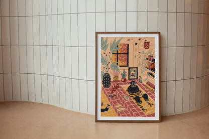 Framed artwork on a tiled wall of a dog taking some alone time by taking a bath. Illustrated by New York City artist Max Kolo. 