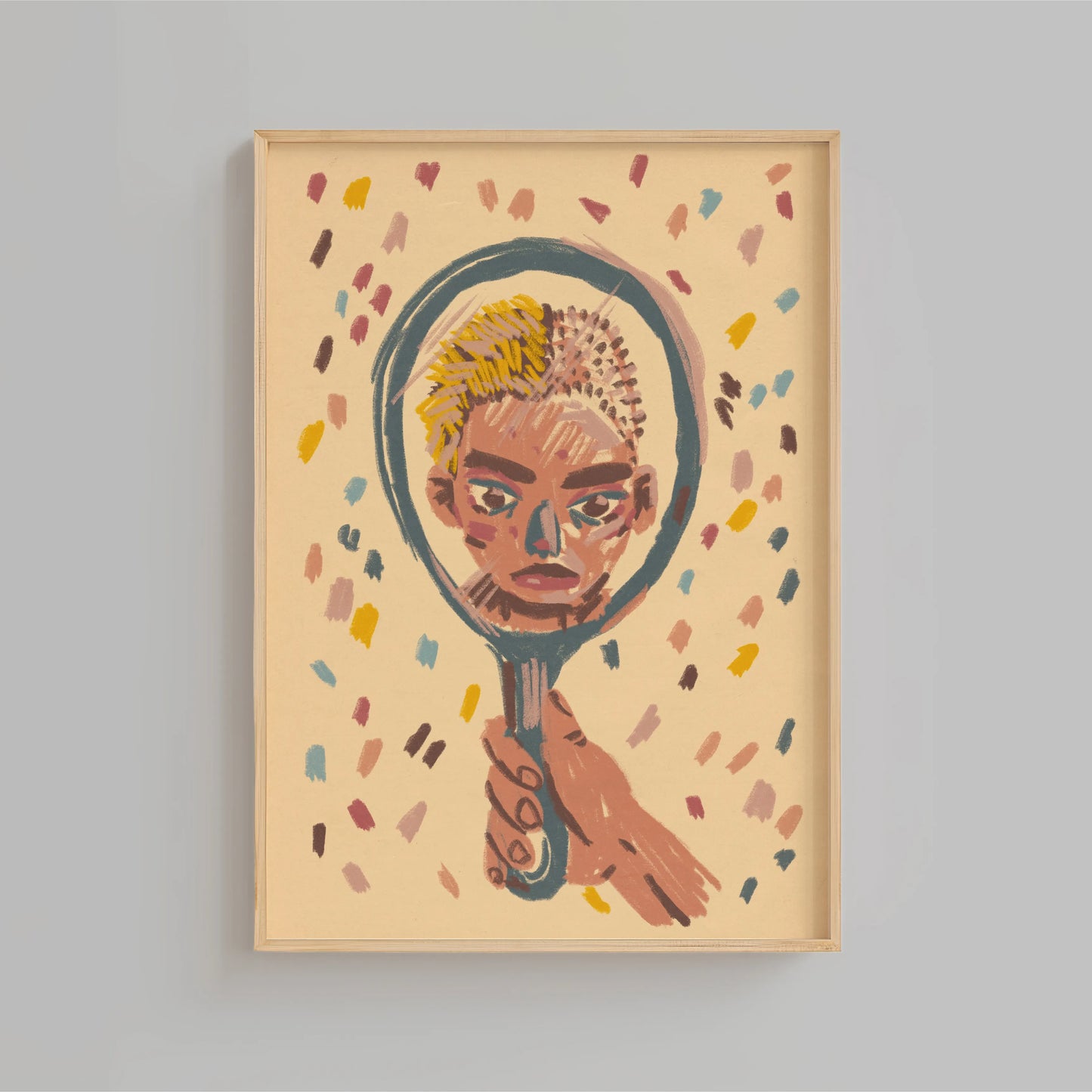 Framed artwork of a hand holding a mirror with colorful abstract design on a beige background. Artwork by New York City artist Max Kolo.