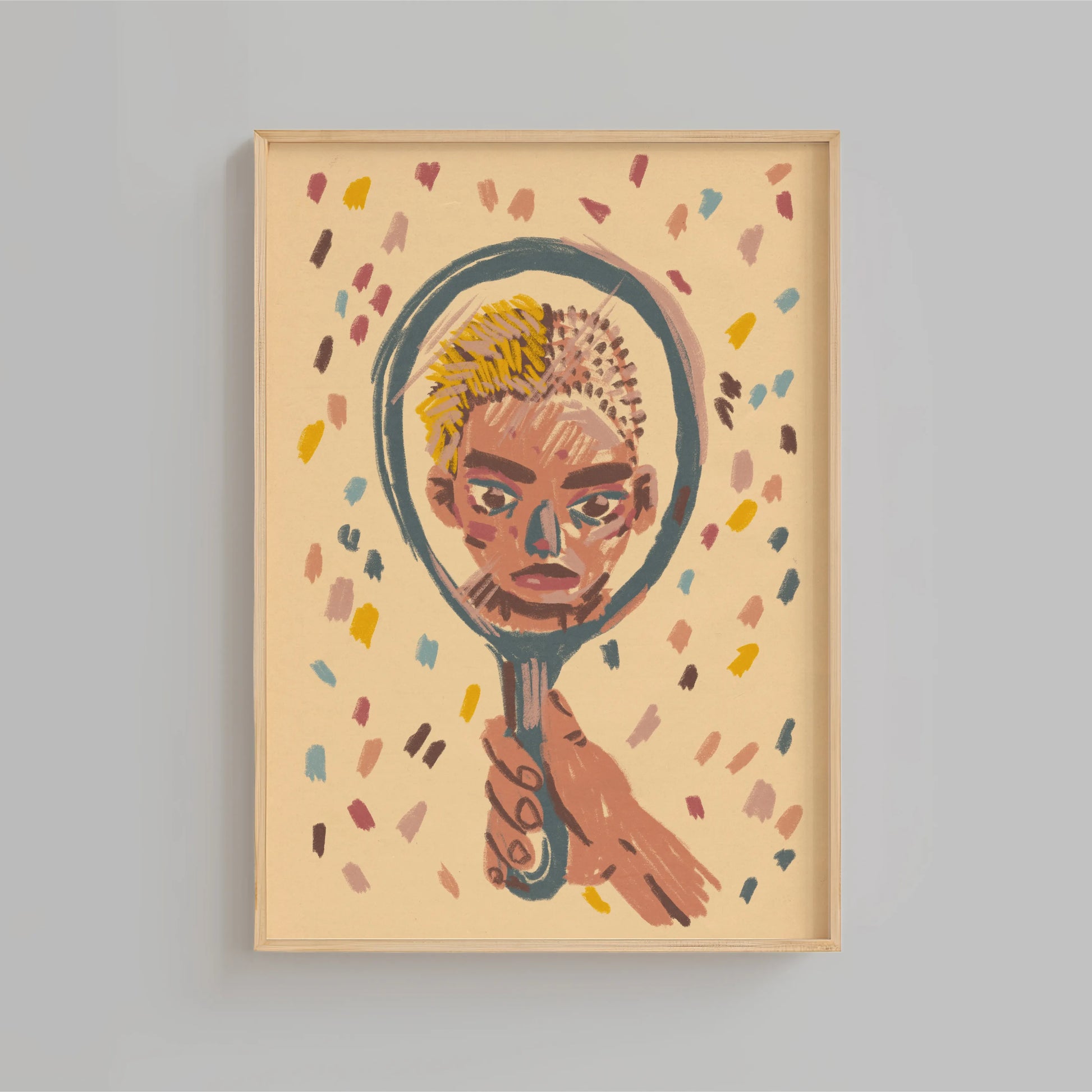 Framed artwork of a hand holding a mirror with colorful abstract design on a beige background. Artwork by New York City artist Max Kolo.