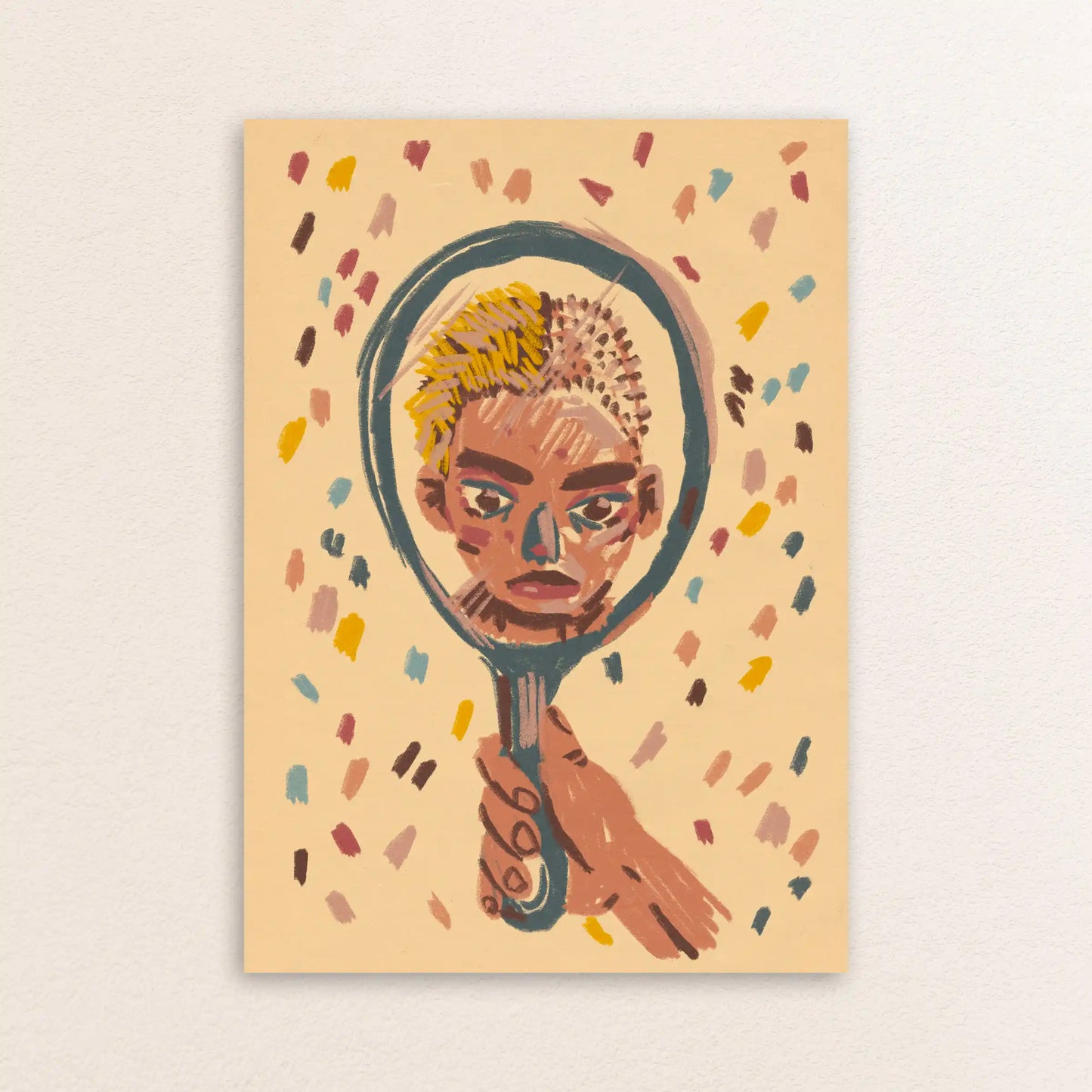 Illustration by NYC artist Max Kolo of a hand holding a mirror reflecting a stylized painted face, surrounded by colorful abstract brushstroke patterns.